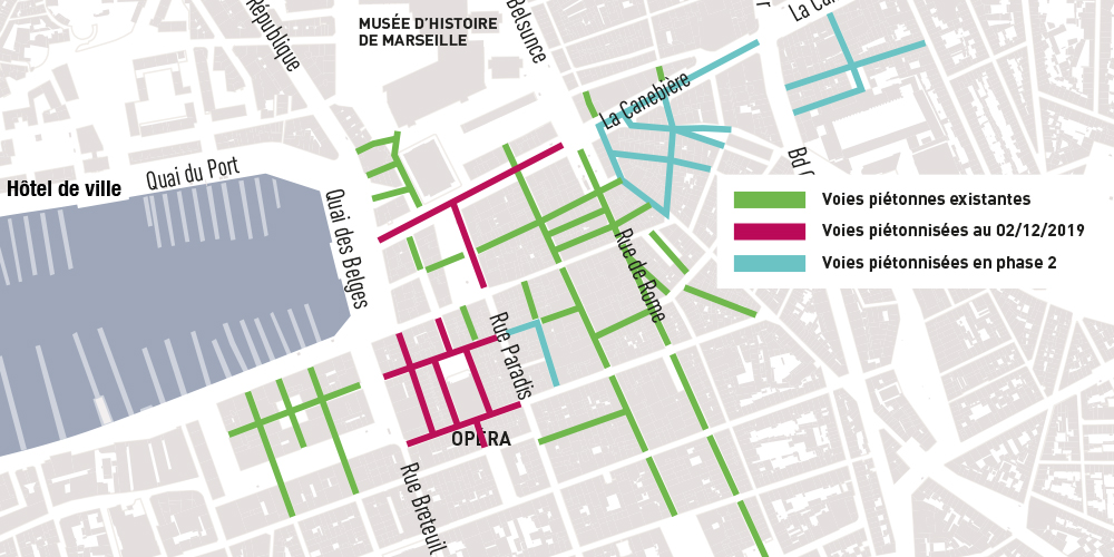 Plan des aires piétonnes dans le centre-ville de Marseille