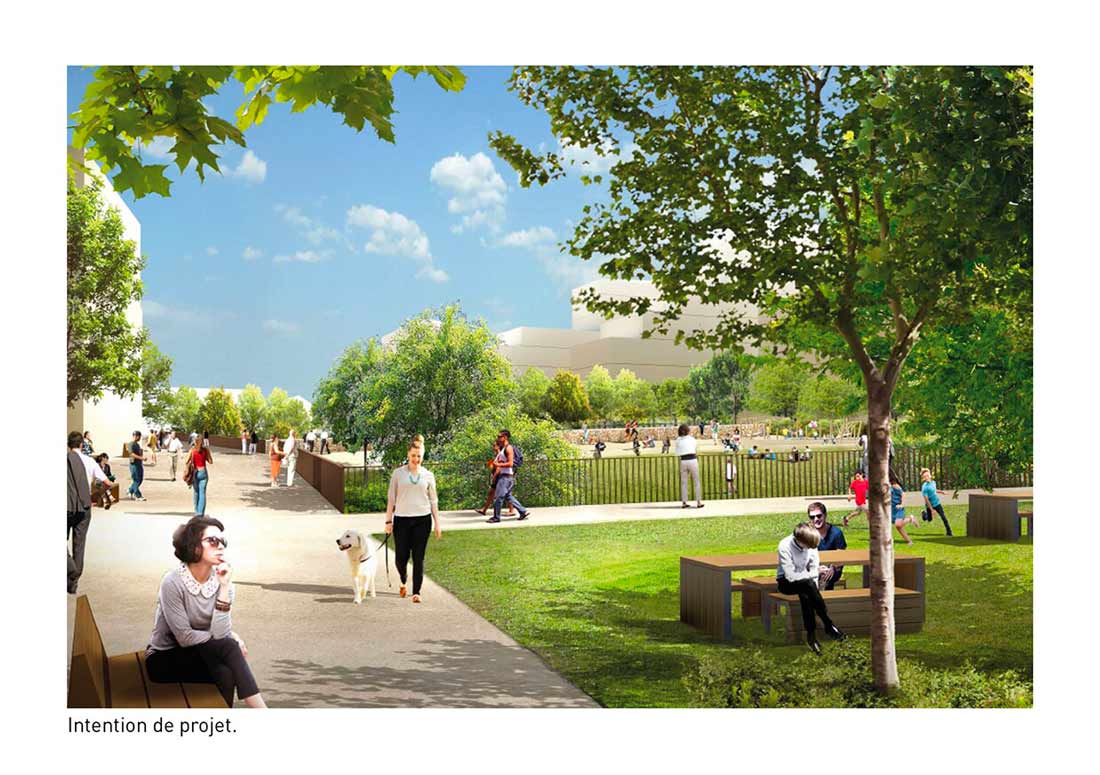 Le parc urbain : Un nouveau parc sera aménagé au cœur du futur quartier. Cet espace remplira des fonctions écologiques, hydrauliques et bioclimatiques. Il proposera plusieurs ambiances : relaxation, activités sportives, déambulation…